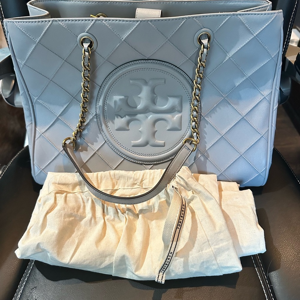 Tory Burch Gray Fleming Quilted Tote with branded dust bag
